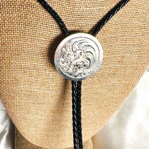 Vintage Prairie Co. Sterling Silver Bolo Tie - Filigree Stamped w/ Braid Leather